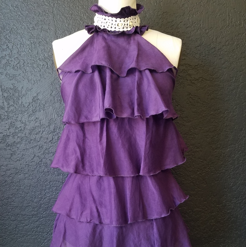 Purple strapless ruffled top with beaded collar